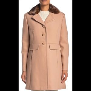 Button-Front Wool-Blend Coat w/Faux Fur Collar